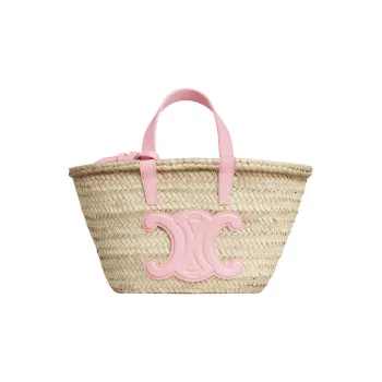 CELINE Triomphe Palm Leaf Cow Leather Patchwork Tote Bag Shopping Bag Basket Handbag Regular Women's Pink/Natural