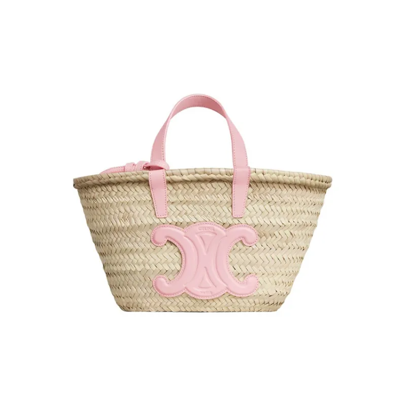 CELINE Triomphe Palm Leaf Cow Leather Patchwork Tote Bag Shopping Bag Basket Handbag Regular Women's Pink/Natural-0