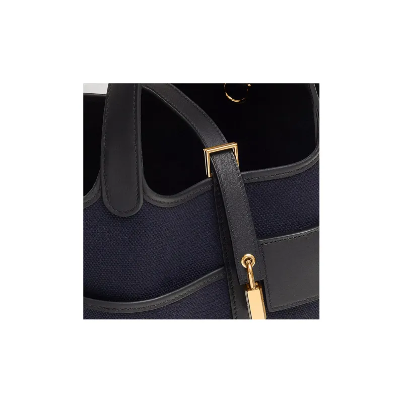 HERMES Picotin Lock Canvas With Swift Calfskin Handbag Unisex Deep Sea Blue & Black-4