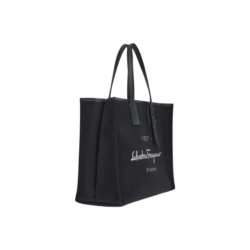 FERRAGAMO Fabric With Calfskin Tote Bag Shopping Bag Handbag Large Size Men's Black-1