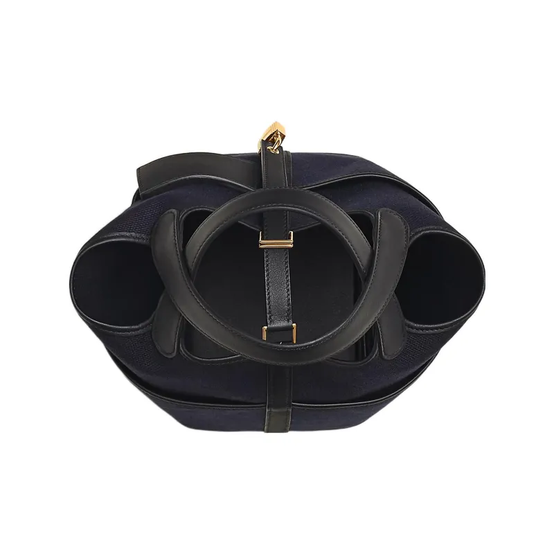 HERMES Picotin Lock Canvas With Swift Calfskin Handbag Unisex Deep Sea Blue & Black-3