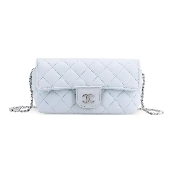 CHANEL Cow Leather Cell Phone Pouch Crossbody Eyeglass Pouch Women's BabyBlue Sky Blue