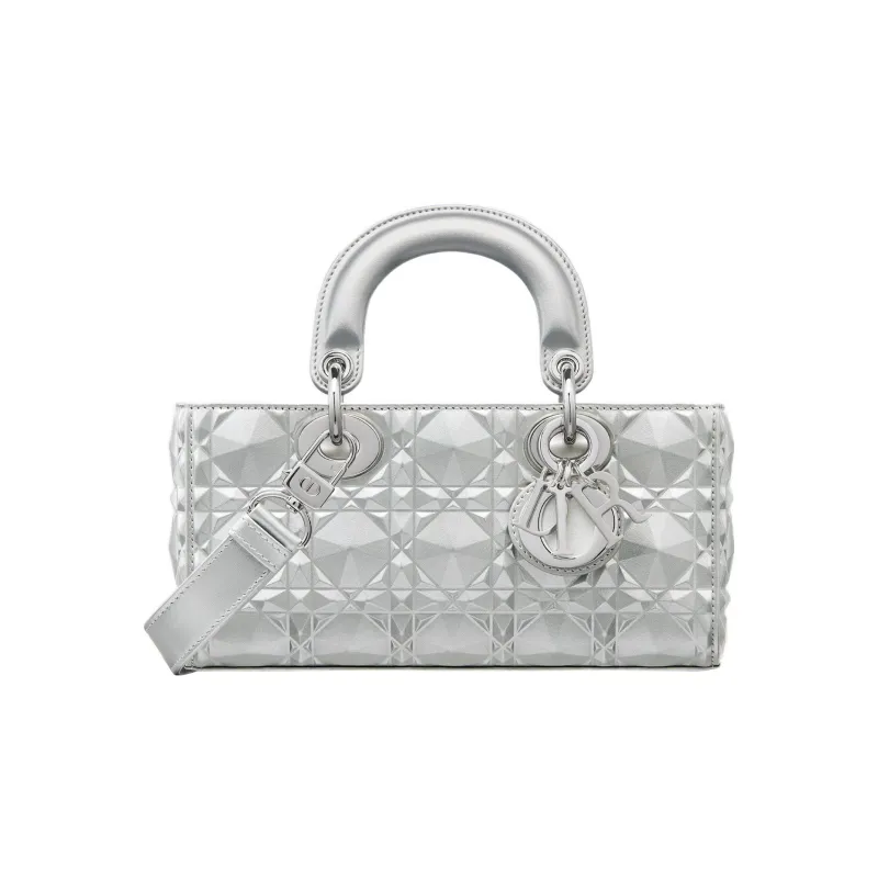 DIOR Lady D-JOY Metallic Finish Cow Leather Dior Bag Shoulder Bag Crossbody Bag Handbag Small Size Women's Silver-0