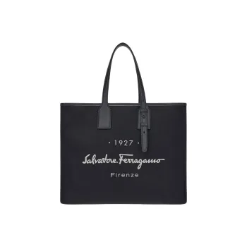 FERRAGAMO Fabric With Calfskin Tote Bag Shopping Bag Handbag Large Size Men's Black