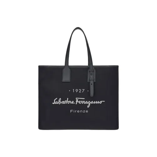 FERRAGAMO Fabric With Calfskin Tote Bag Shopping Bag Handbag Large Size Men's Black