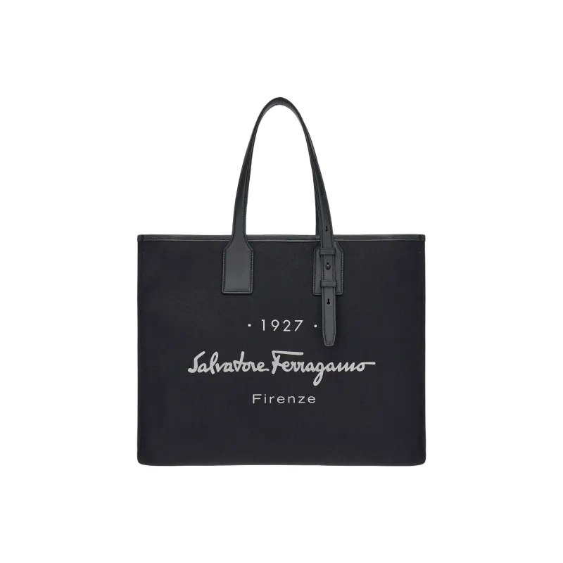 FERRAGAMO Fabric With Calfskin Tote Bag Shopping Bag Handbag Large Size Men's Black-0