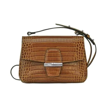 LONGCHAMP Roseau Crocodile Embossed Calfskin Shoulder Bag, Crossbody Bag Women's Brown