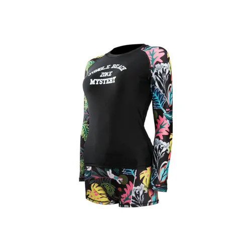 ZOKE Two-Piece Swimsuits Women's Black Background With Tree Leaves And Flowers