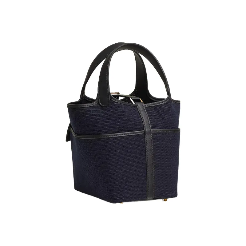 HERMES Picotin Lock Canvas With Swift Calfskin Handbag Unisex Deep Sea Blue & Black-2
