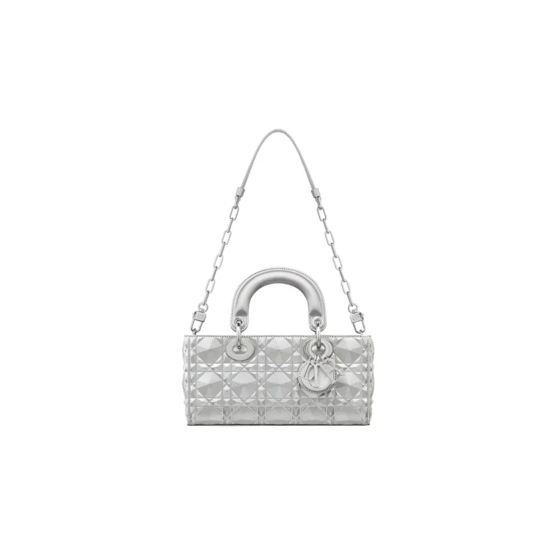DIOR Lady D-JOY Metallic Finish Cow Leather Dior Bag Shoulder Bag Crossbody Bag Handbag Small Size Women's Silver-1