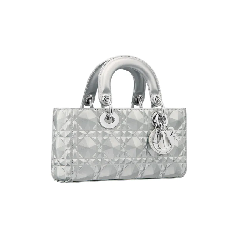DIOR Lady D-JOY Metallic Finish Cow Leather Dior Bag Shoulder Bag Crossbody Bag Handbag Small Size Women's Silver-3
