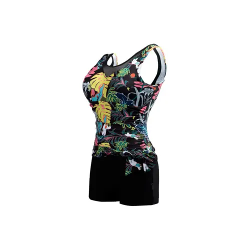 ZOKE One-Piece Swimsuits Women's Black Background With Yellow And Green Floral Pattern