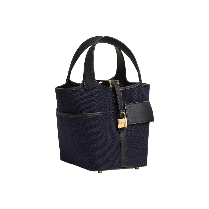 HERMES Picotin Lock Canvas With Swift Calfskin Handbag Unisex Deep Sea Blue & Black-1