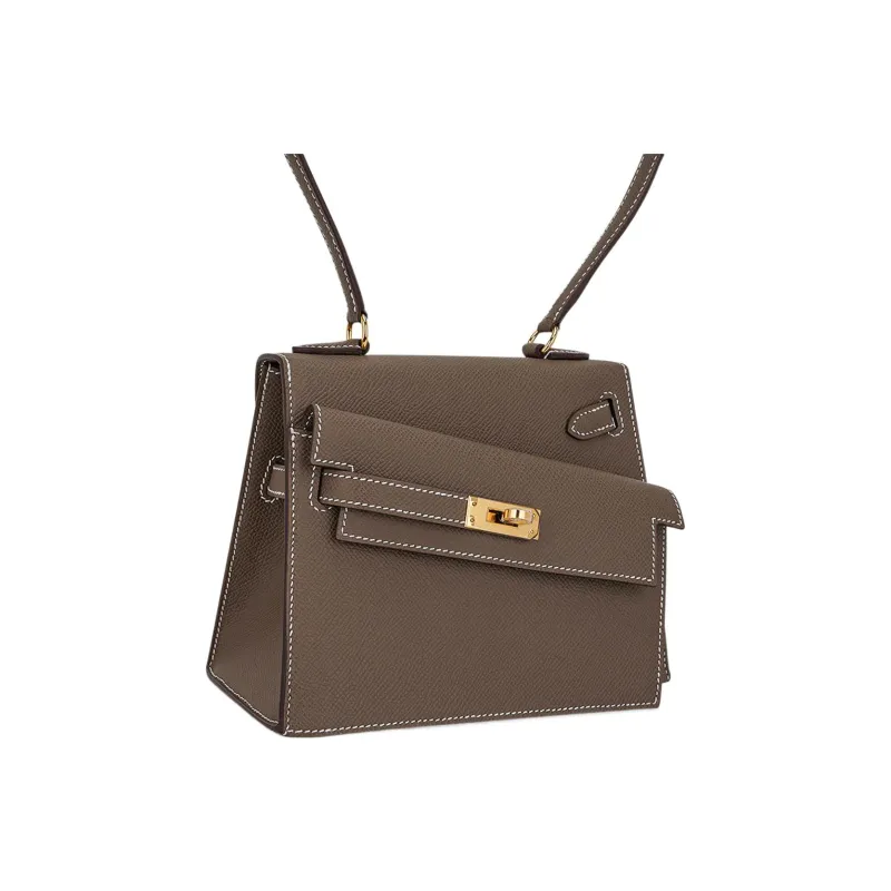 HERMES Kelly Epsom Leather Kelly Bag, Portable Crossbody Bag, Shoulder Bag Women's 18 Etoupe Elephant Gray-6
