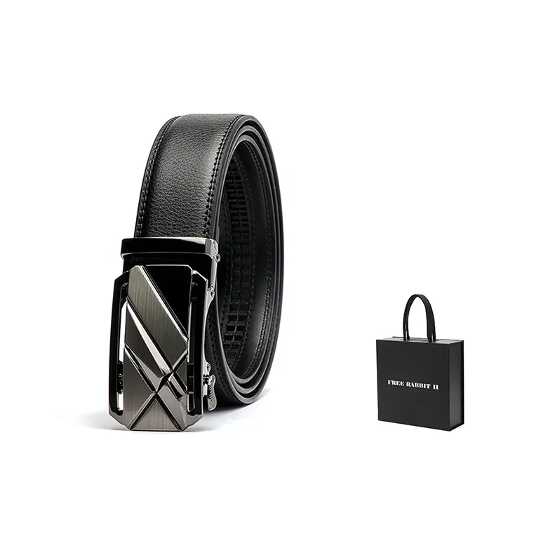FREE RABBITⅡ Cool Genuine Leather Belt With Automatic Buckle, Youth Pants Belt Men's Black-2