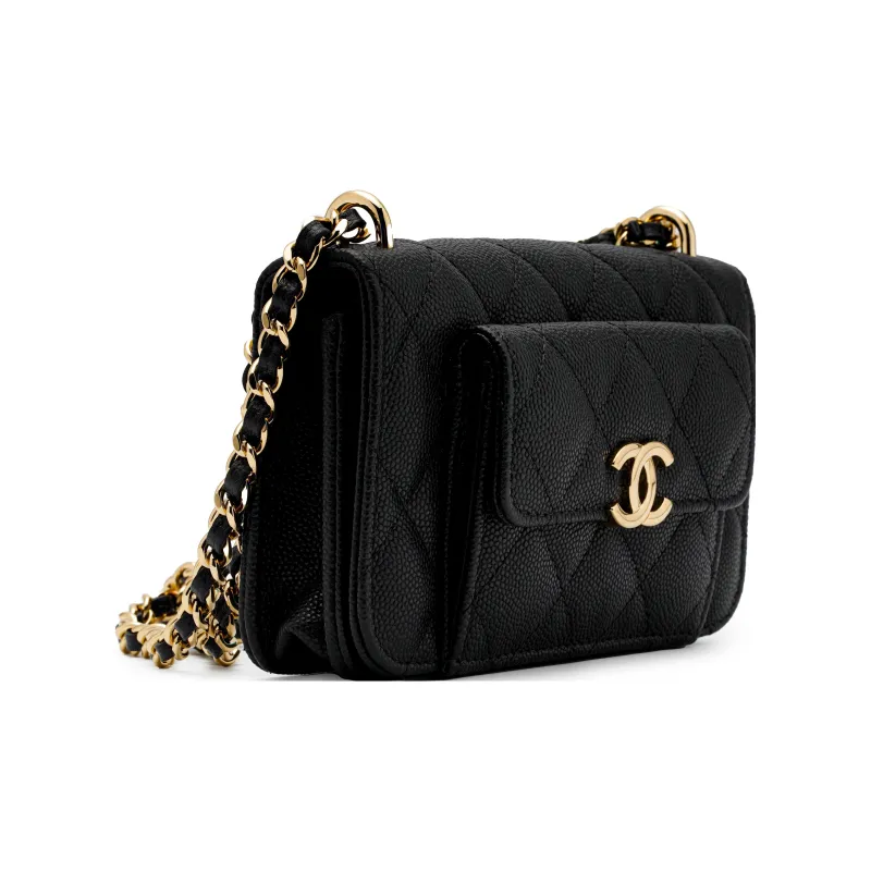 CHANEL Grain Embossed Caviar Cow Leather Handheld Shoulder Bag, Crossbody Bag Mini Women's Black-2