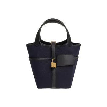 HERMES Picotin Lock Canvas With Swift Calfskin Handbag Unisex Deep Sea Blue & Black