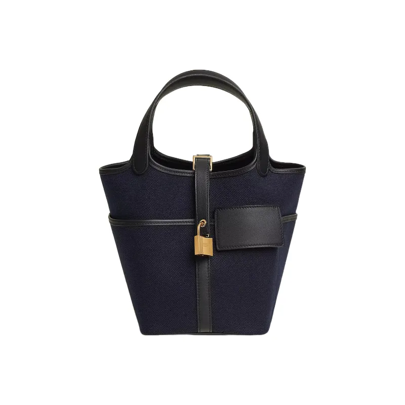 HERMES Picotin Lock Canvas With Swift Calfskin Handbag Unisex Deep Sea Blue & Black-0
