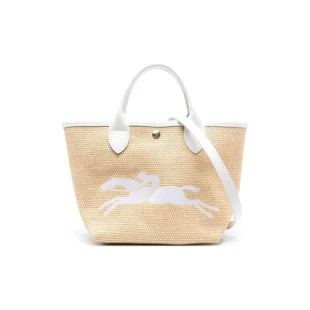 LONGCHAMP Le Panier Pliage Cow Leather Canvas Bag, Shoulder Bag, Crossbody Bag, Handbag Trumpets Women's White