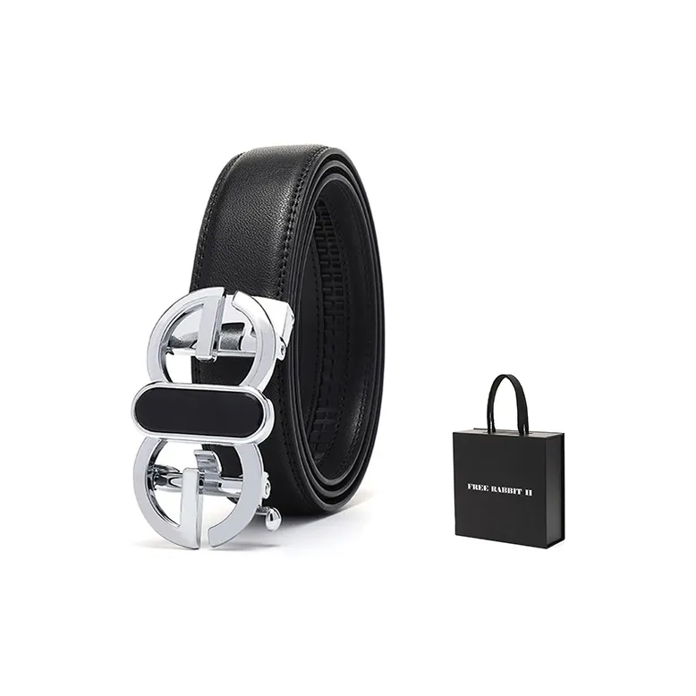 FREE RABBITⅡ Dazzling Color Smooth Buckle Print Cow Leather Belt Men's Black Width  3.5cm-11