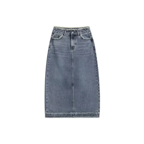 ELF SACK Denim Long Skirts Women's Washable Denim Blue