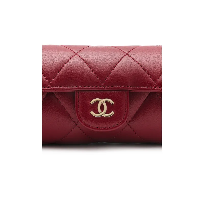 CHANEL Sheepskin Coin Purse, Clutch Crossbody Bag Women's Burgundy-7