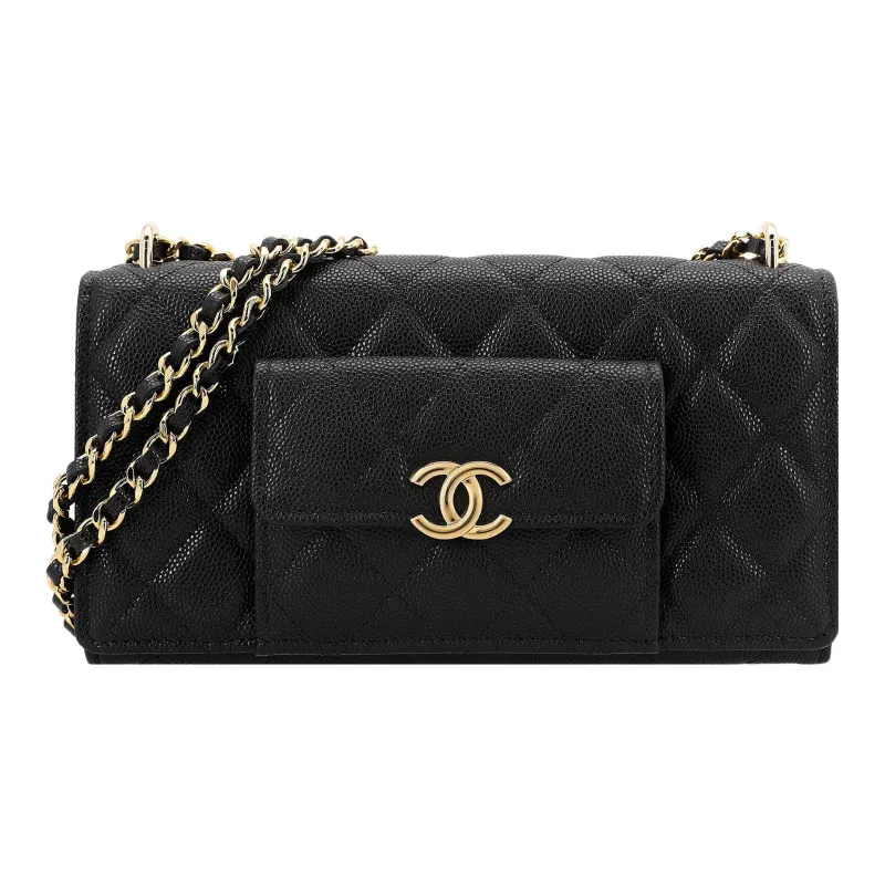 CHANEL WOC Grain Embossed Caviar Cow Leather 2 in 1 Wallet On Chain Shoulder Bag, Crossbody Bag Women's Black-0