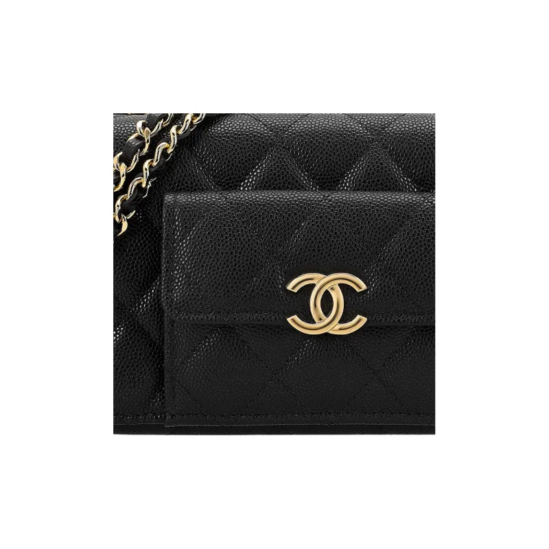 CHANEL WOC Grain Embossed Caviar Cow Leather 2 in 1 Wallet On Chain Shoulder Bag, Crossbody Bag Women's Black-4