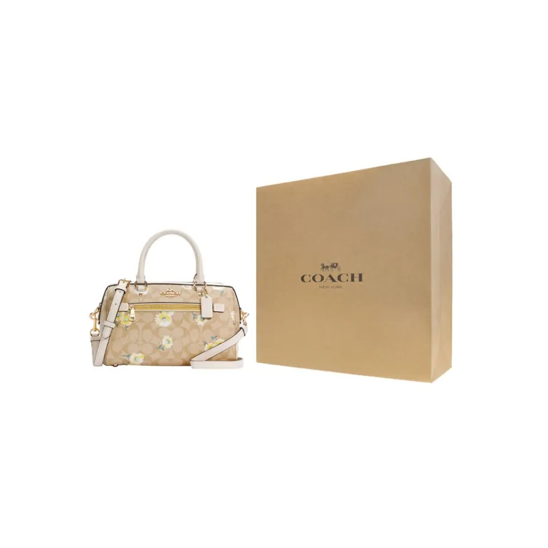 COACH Rowan Leather Boston Bag, Handbag, Shoulder Bag, Crossbody Bag Tubas Women's Khaki Monogram-5