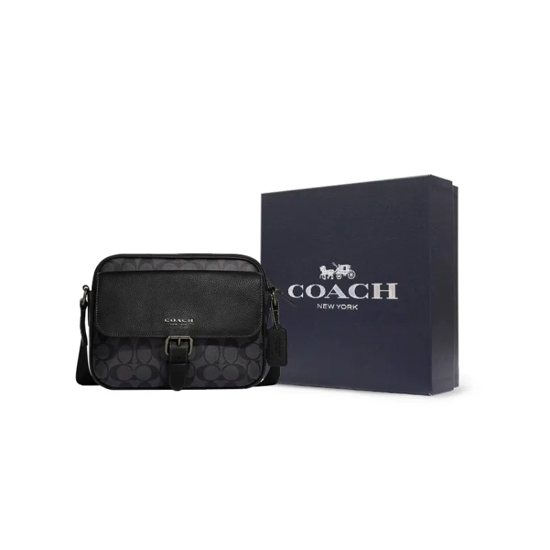 COACH Hudson Coated Canvas With Natural Pebbled Leather Shoulder Bag Crossbody Bag Medium Size Men's Black-5