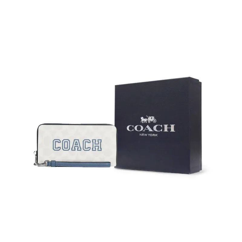 COACH Zip Around Smooth Leather With Canvas Wrist Bag Clutch Wallet Trumpets Women's Chalk White & Indigo-4