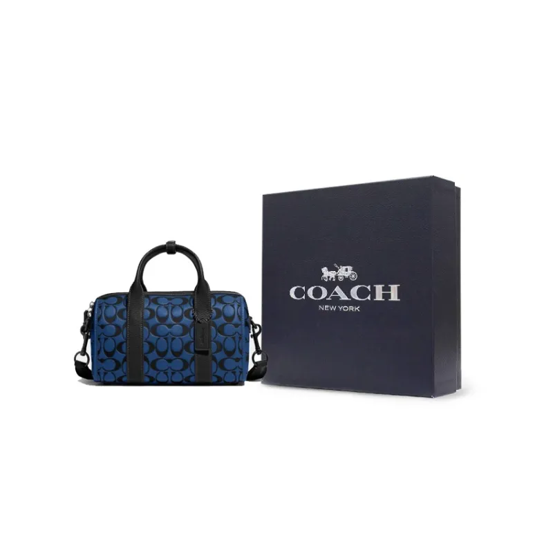 COACH Leather Duffle Bag Boston Bag Shoulder Bag Crossbody Bag Handbag Medium Size Men's Blue Monogram-4