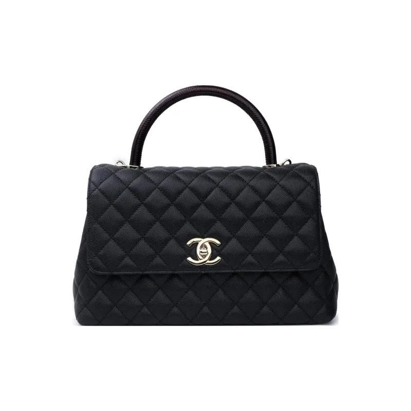 CHANEL Coco Handle Caviar Cow Leather Chain Bag, One Shoulder Handbag Women's Black-0