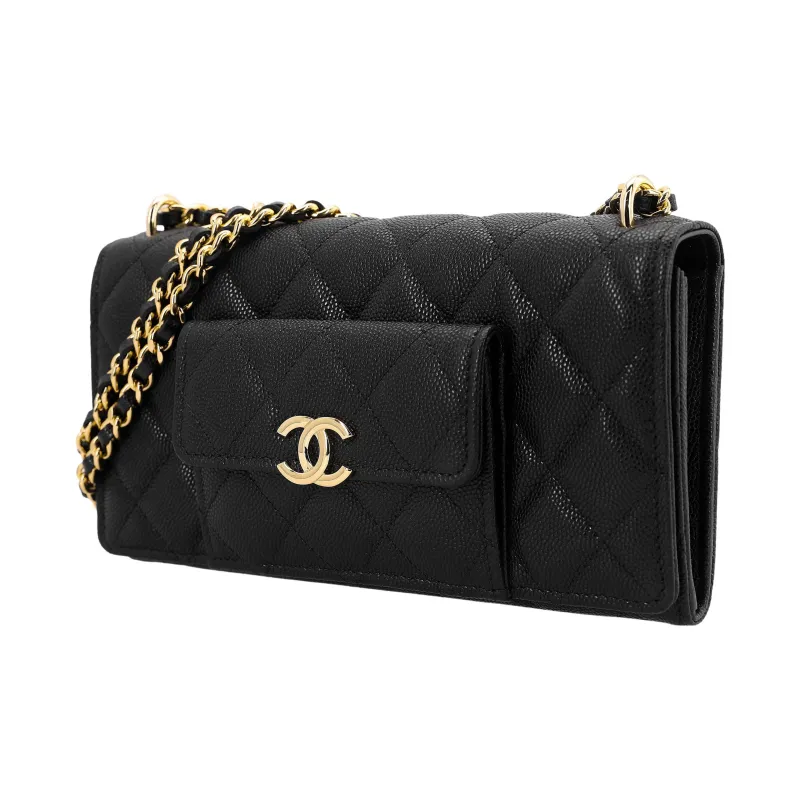 CHANEL WOC Grain Embossed Caviar Cow Leather 2 in 1 Wallet On Chain Shoulder Bag, Crossbody Bag Women's Black-1