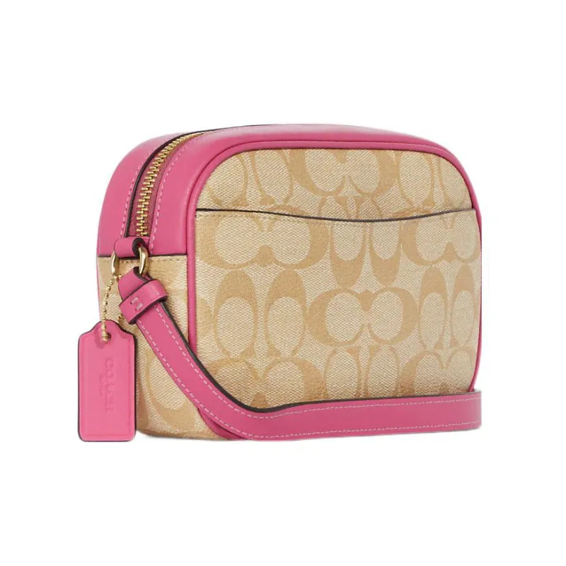 COACH Jamie Canvas With Leather Camera Bag, Shoulder Bag, Crossbody Bag Trumpets Women's Khaki & Pink-1