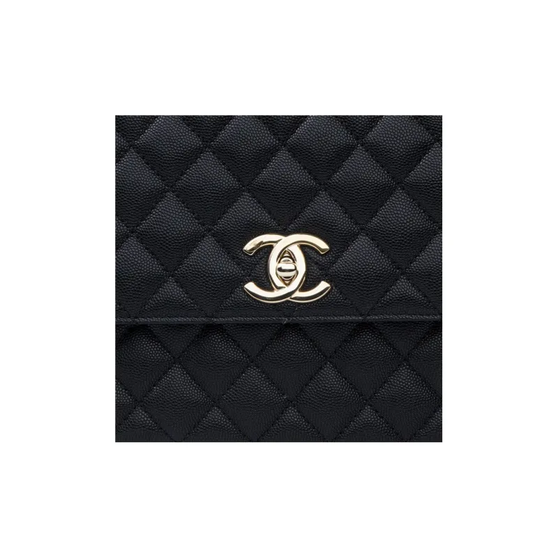 CHANEL Coco Handle Caviar Cow Leather Chain Bag, One Shoulder Handbag Women's Black-5