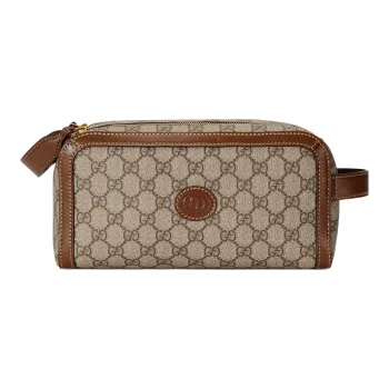 GUCCI Canvas With Leather Binding Clutch Toiletry Bag Men's Beige/Ebony