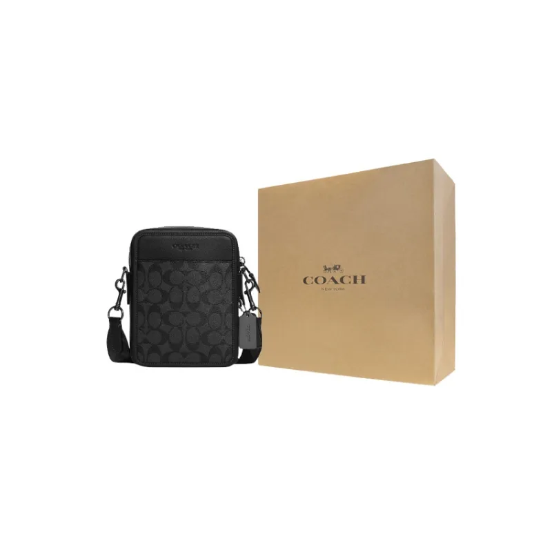 COACH Sullivan Pebbled Leather With Coated Canvas Shoulder Bag, Crossbody Bag Trumpets Men's Black-7
