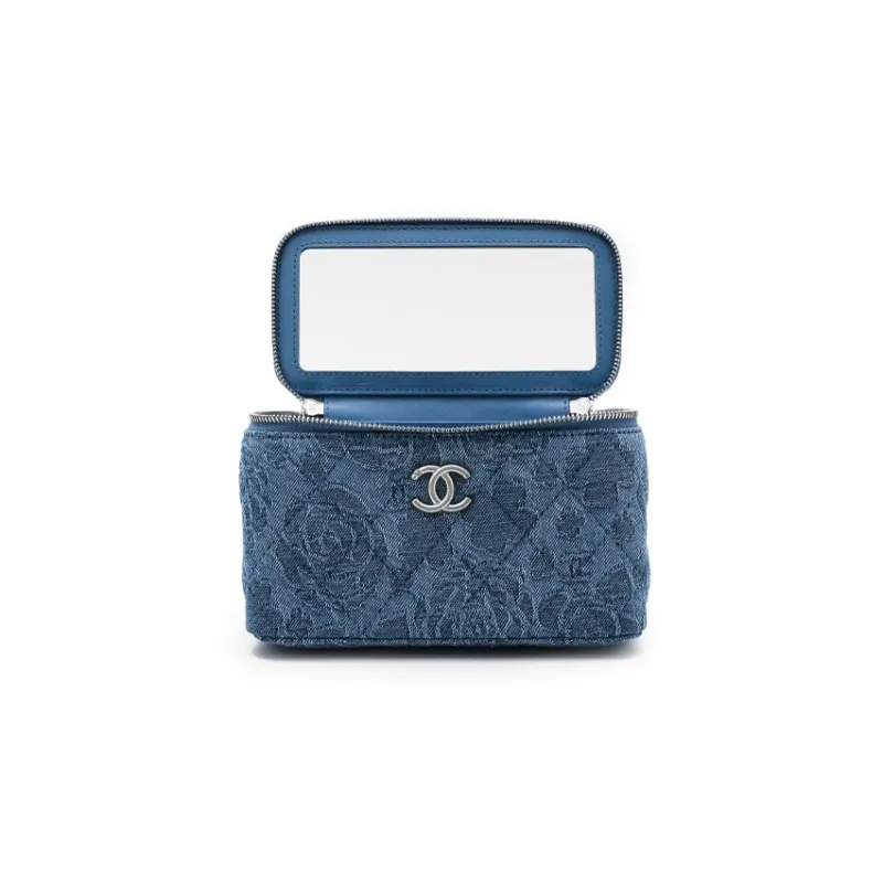 CHANEL 23P SS Cow Leather Denim Box Bag, Makeup Bag, Shoulder Bag, Crossbody Bag Trumpets Women's Washed Blue-2