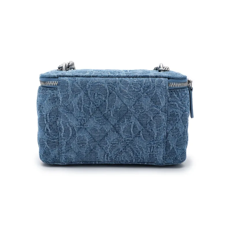 CHANEL 23P SS Cow Leather Denim Box Bag, Makeup Bag, Shoulder Bag, Crossbody Bag Trumpets Women's Washed Blue-3