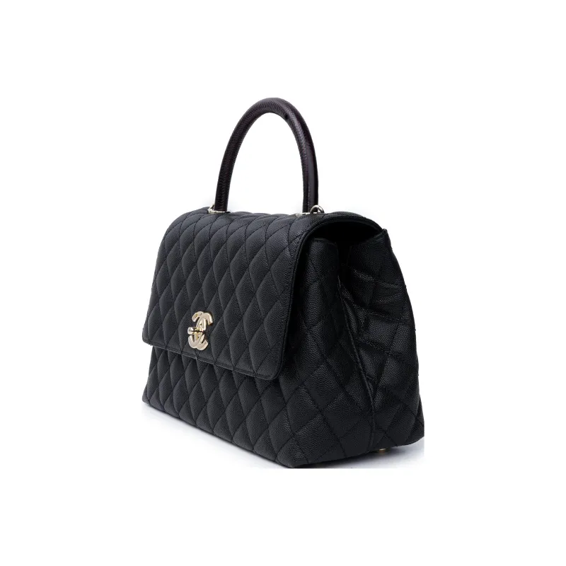 CHANEL Coco Handle Caviar Cow Leather Chain Bag, One Shoulder Handbag Women's Black-1