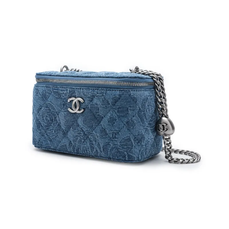CHANEL 23P SS Cow Leather Denim Box Bag, Makeup Bag, Shoulder Bag, Crossbody Bag Trumpets Women's Washed Blue-1