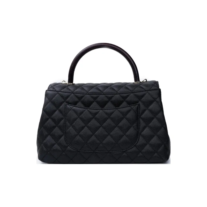 CHANEL Coco Handle Caviar Cow Leather Chain Bag, One Shoulder Handbag Women's Black-2