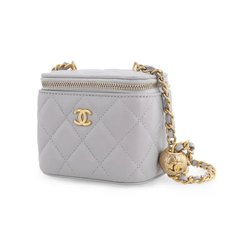 CHANEL Sheepskin Box Bag, Makeup Bag, Crossbody Bag, Shoulder Bag Mini Women's Gray-1