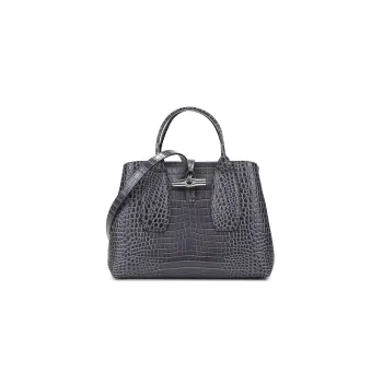 LONGCHAMP Roseau Cow Leather Handbag Medium Size Women's Metallic Gray