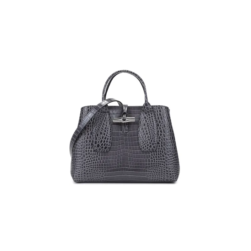 LONGCHAMP Roseau Cow Leather Handbag Medium Size Women's Metallic Gray-0