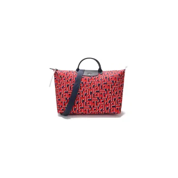LONGCHAMP Canvas Travel Bag Large Size Unisex Marine Blue/Red