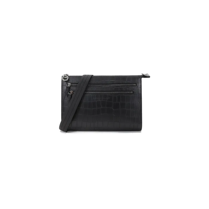 LONGCHAMP Croco Block Cow Leather Crossbody Bag Shoulder Bag Men's Black-0