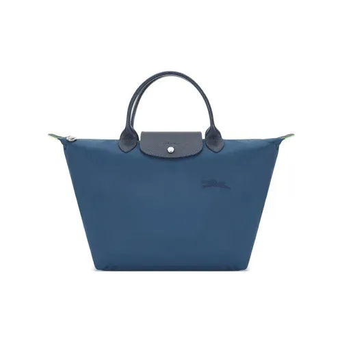 LONGCHAMP Le Pliage Green Cow Leather Handbag Medium Size Women's Blue