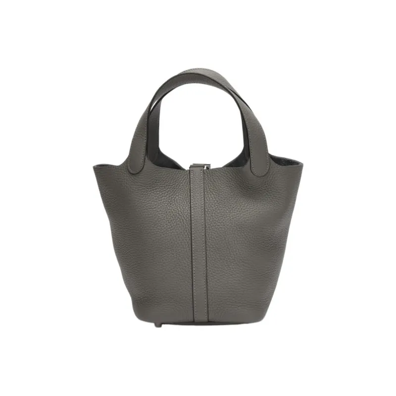 HERMES Picotin Clemence Bullock Leather Basket Bag Bucket Bag Handbag 22 Women's 0L Grismeyer Cumulus Gray-2